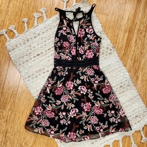 BCX Juniors' Embroidered Floral Black Illusion Fit & Flare Dress